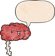 happy cartoon brain and speech bubble in retro texture style