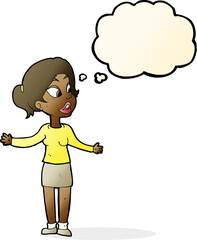 cartoon pretty woman explaining something with thought bubble