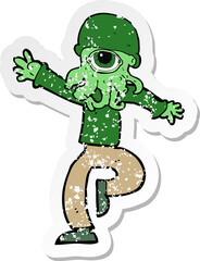 retro distressed sticker of a cartoon alien monster man