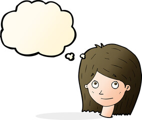 cartoon happy female face with thought bubble