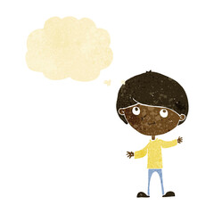 cartoon happy boy with thought bubble