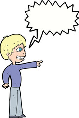 cartoon grinning boy pointing with speech bubble