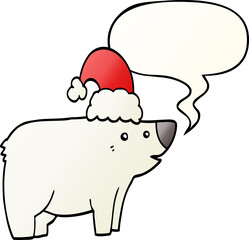 cartoon bear wearing christmas hat and speech bubble in smooth gradient style