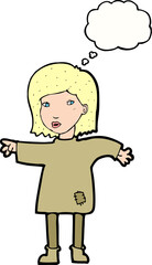 cartoon woman in patched clothing with thought bubble
