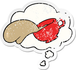 cartoon coffee cup and thought bubble as a distressed worn sticker