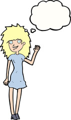cartoon happy woman waving with thought bubble