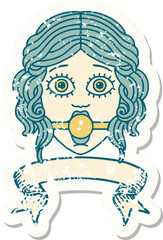 grunge sticker with banner of female face with ball gag