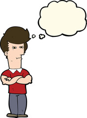 cartoon man with folded arms with thought bubble