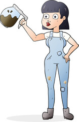 cartoon woman in dungarees with coffee
