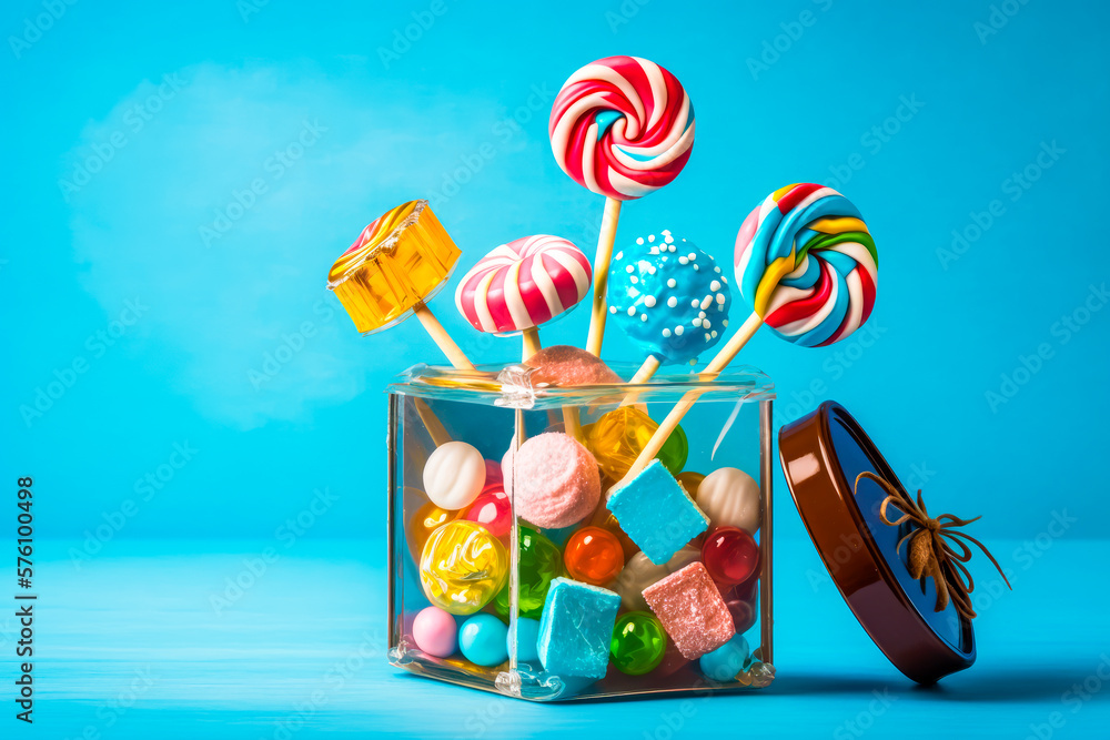 Poster glass container filled with lots of candy generative ai