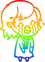 rainbow gradient line drawing cartoon crying vampire girl