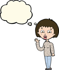 cartoon woman waving with thought bubble