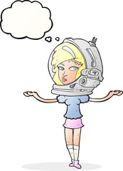 cartoon woman wearing space helmet with thought bubble