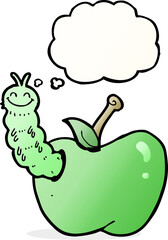 cartoon bug eating apple with thought bubble