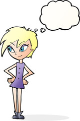 cartoon girl with hands on hips with thought bubble