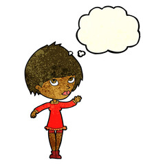 cartoon woman waving with thought bubble
