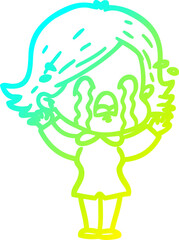 cold gradient line drawing cartoon woman crying