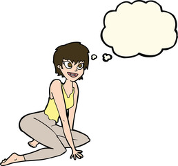 cartoon happy woman sitting on floor with thought bubble