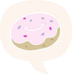 cartoon donut and sprinkles and speech bubble in retro style