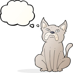 cartoon grumpy little dog with thought bubble