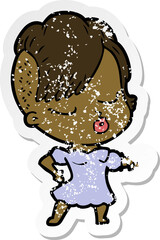distressed sticker of a cartoon pretty hipster girl