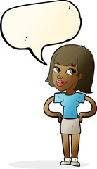 cartoon happy woman with hands on hips with speech bubble