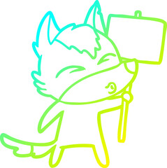 cold gradient line drawing cartoon wolf with protest sign