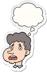 cartoon shocked man and thought bubble as a printed sticker