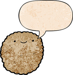 cartoon biscuit and speech bubble in retro texture style