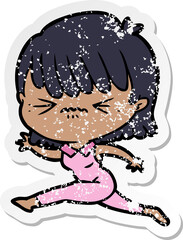 distressed sticker of a cartoon woman jumping