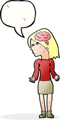 cartoon clever woman shrugging shoulders with speech bubble