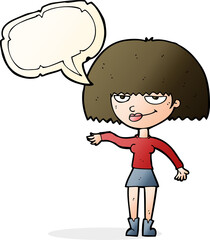 cartoon smug woman making dismissive gesture with speech bubble