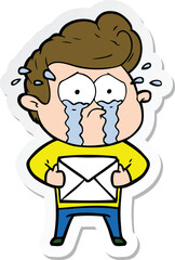 sticker of a cartoon crying man receiving letter