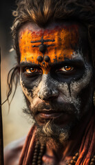 A Close-up Look into the Mystical World of Sadhus in Varanasi Through Their Expressive Faces and Spirituality AI Generative