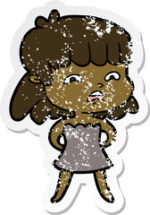 distressed sticker of a cartoon worried woman