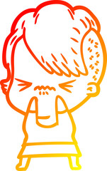 warm gradient line drawing cartoon annoyed hipster girl