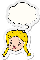 cartoon girls face and thought bubble as a printed sticker