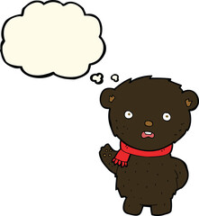 cartoon black bear wearing scarf with thought bubble