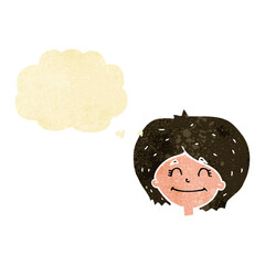 cartoon happy female face with thought bubble