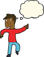cartoon happy man pointing with thought bubble