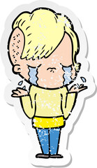 distressed sticker of a cartoon crying girl