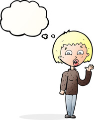 cartoon woman waving with thought bubble