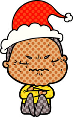 comic book style illustration of a annoyed old lady wearing santa hat