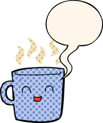 cute coffee cup cartoon and speech bubble in comic book style