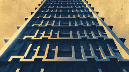 Fototapeta premium Abstract brutalist concrete building seen in bottom up view with muted blue and yellow duotone palette and grainy vintage print texture effect