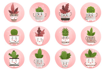 A set of plants with faces in different pots