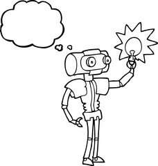thought bubble cartoon robot with light bulb