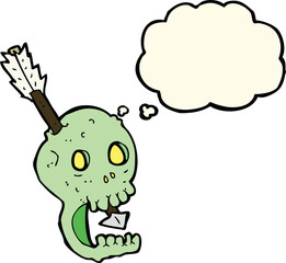 funny cartoon skull and arrow with thought bubble