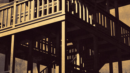 Staircase shaft structure in dramatic high contrast lighting with grainy vintage print texture effect
