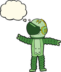 cartoon astronaut reaching with thought bubble